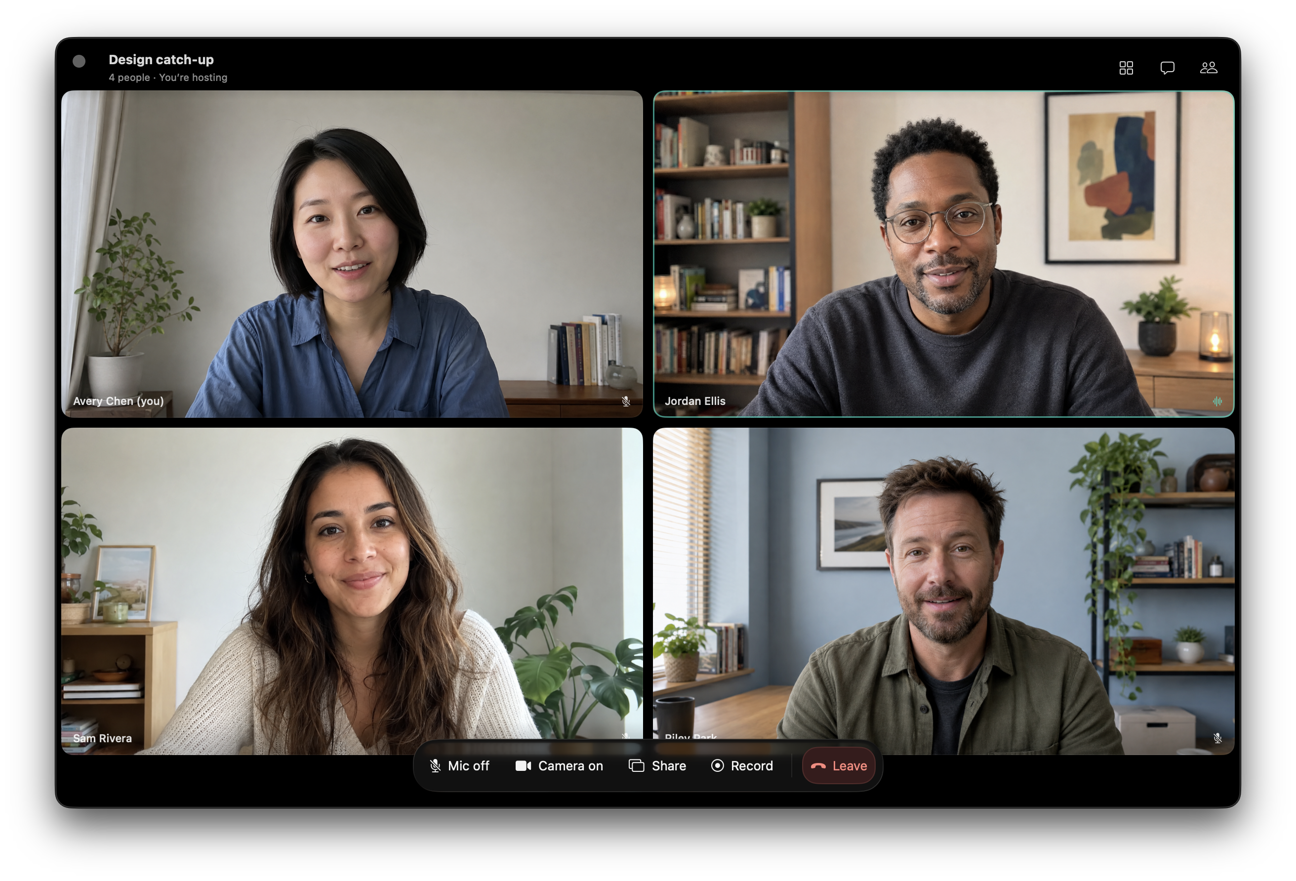 Yap meeting gallery with four fictional participants and native meeting controls
